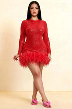 Barbara Red Sequin Feather Trim Mini Dress with Long Sleeves
