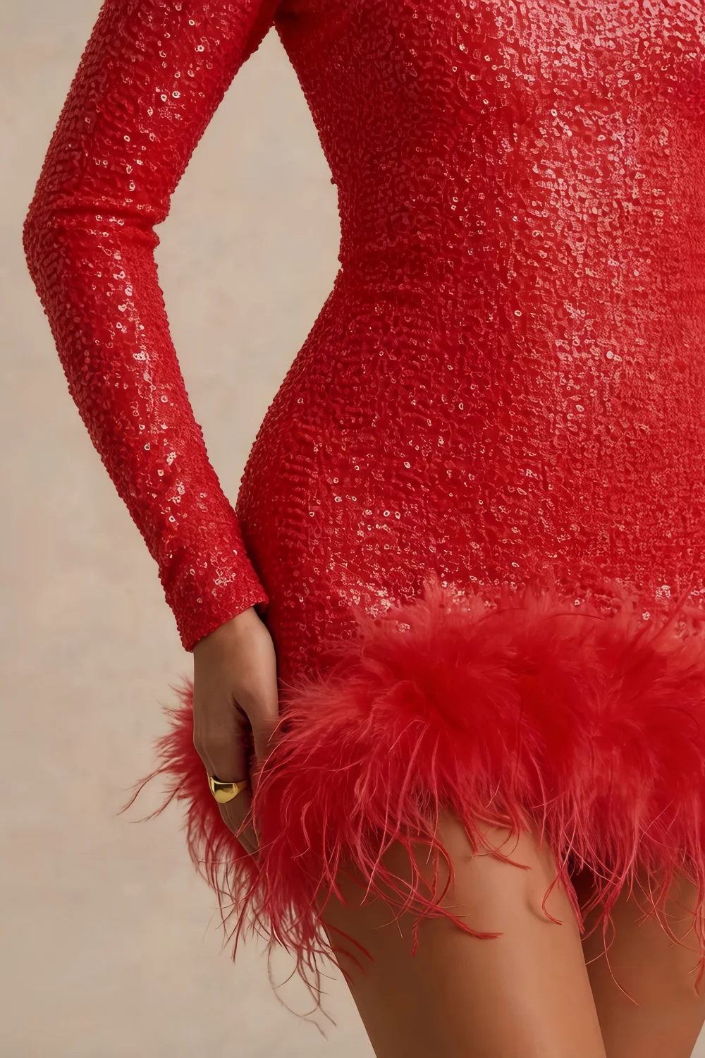 Barbara Red Sequin Feather Trim Mini Dress with Long Sleeves