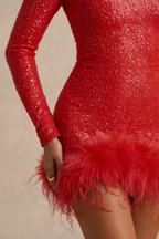 Barbara Red Sequin Feather Trim Mini Dress with Long Sleeves