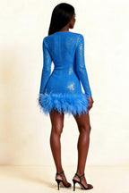 Barbara Royal Blue Sequin Feather Trim Mini Dress with Long Sleeves