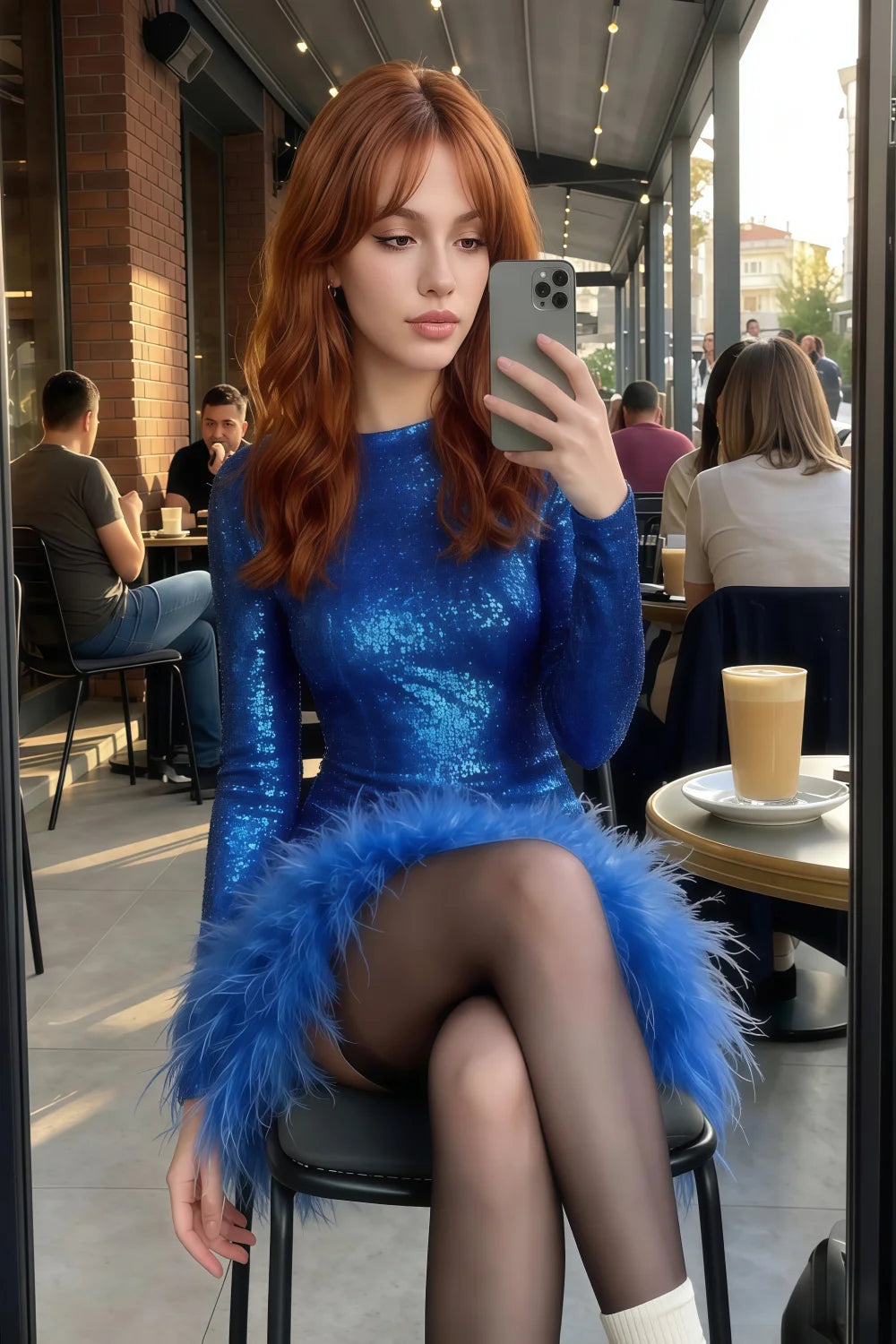 Barbara Royal Blue Sequin Feather Trim Mini Dress with Long Sleeves