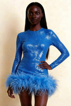 Barbara Royal Blue Sequin Feather Trim Mini Dress with Long Sleeves