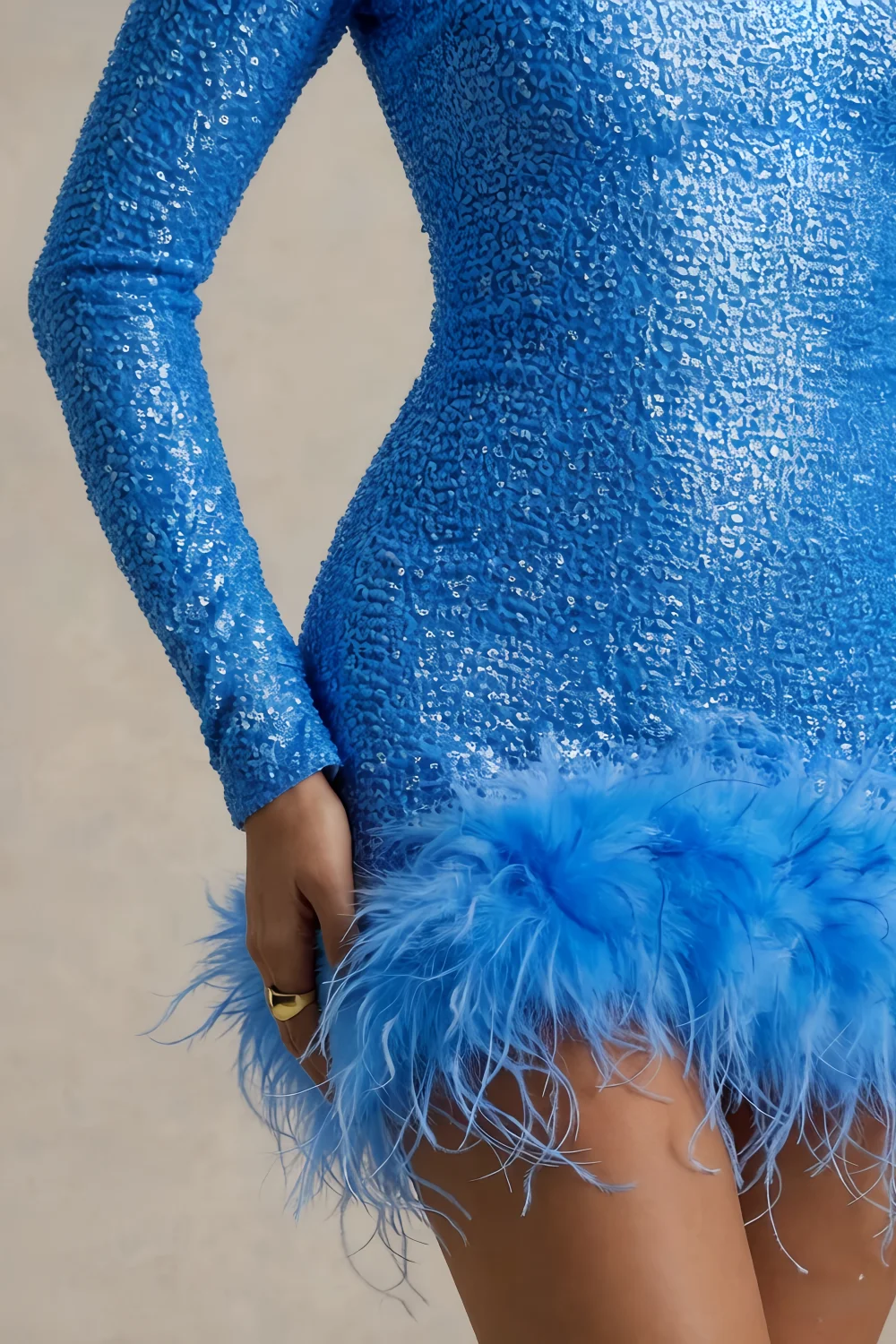 Barbara Royal Blue Sequin Feather Trim Mini Dress with Long Sleeves
