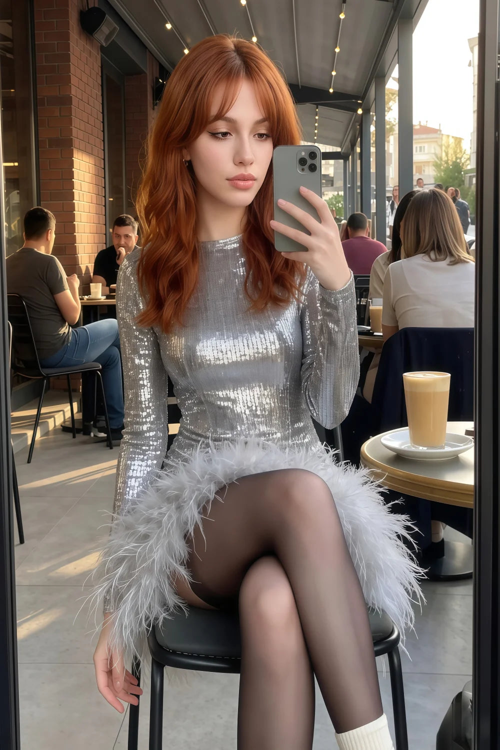 Barbara Silver Sequin Feather Trim Mini Dress with Long Sleeves