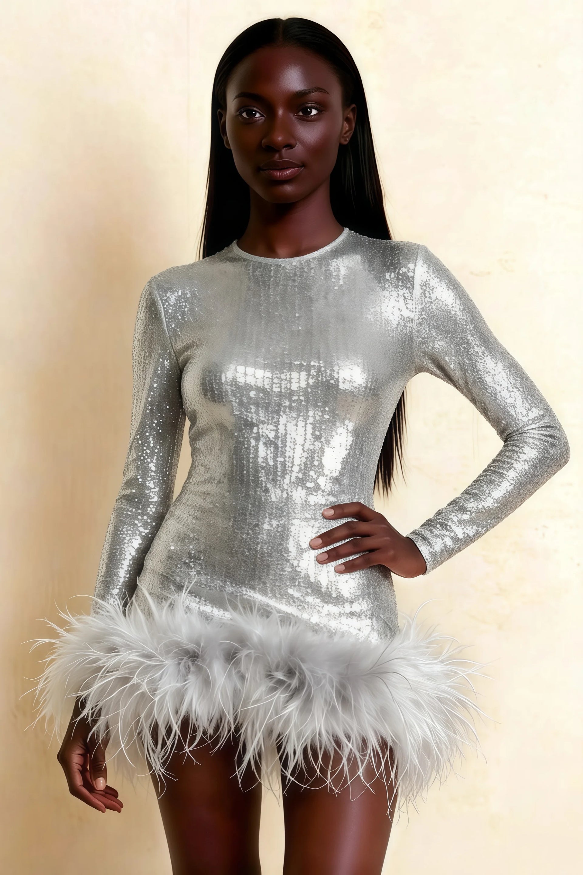 Barbara Silver Sequin Feather Trim Mini Dress with Long Sleeves