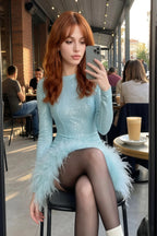 Barbara Sky Blue Sequin Feather Trim Mini Dress with Long Sleeves