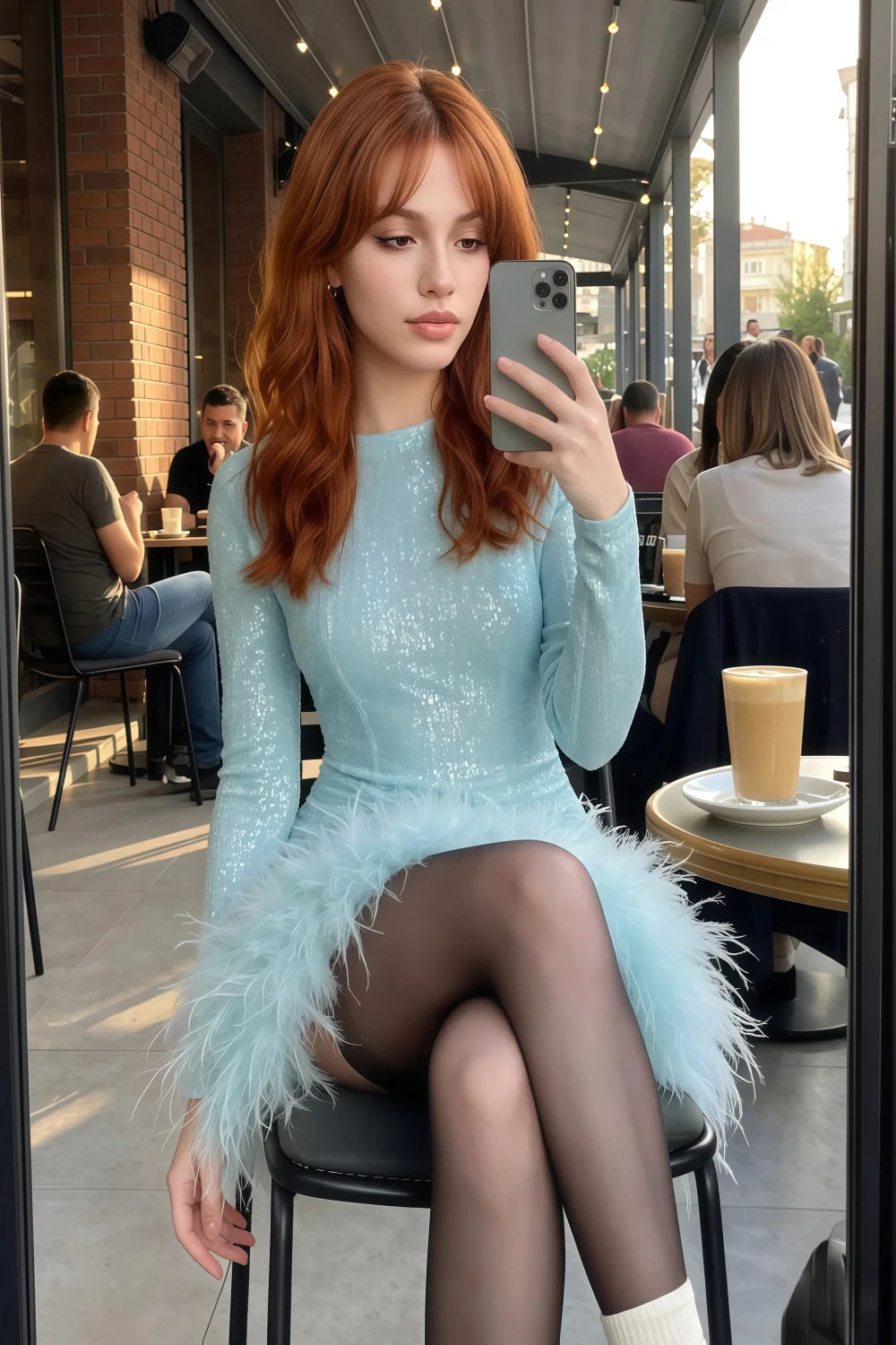 Barbara Sky Blue Sequin Feather Trim Mini Dress with Long Sleeves