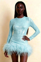 Barbara Sky Blue Sequin Feather Trim Mini Dress with Long Sleeves