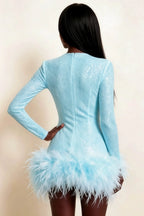 Barbara Sky Blue Sequin Feather Trim Mini Dress with Long Sleeves