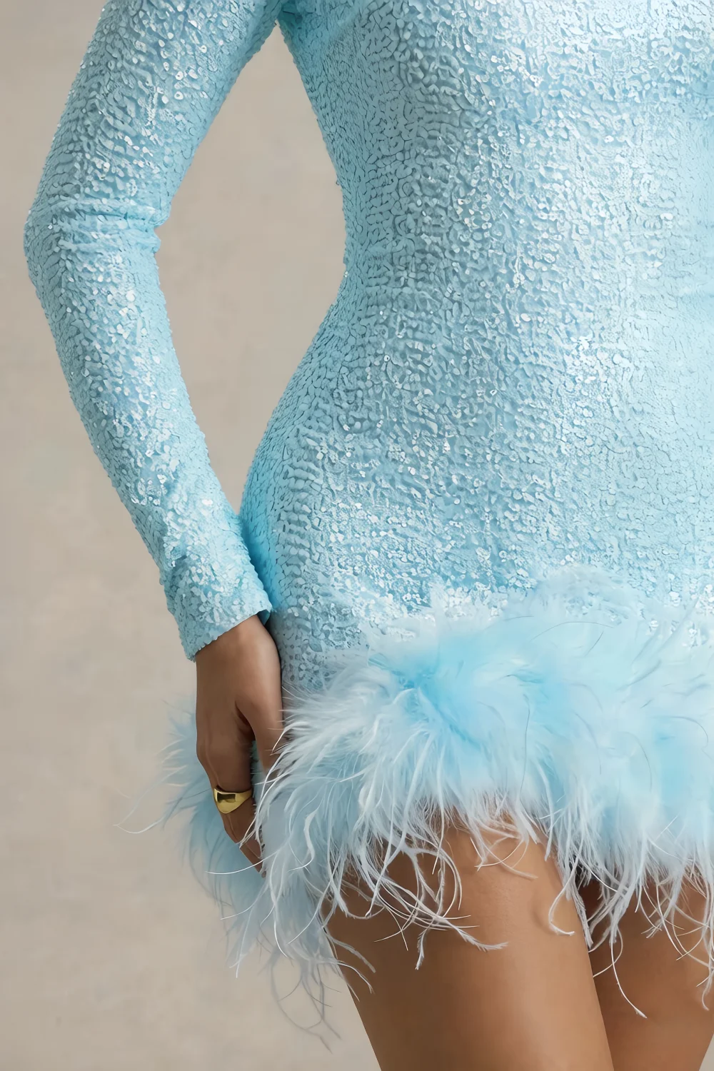 Barbara Sky Blue Sequin Feather Trim Mini Dress with Long Sleeves