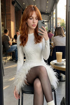 Barbara White Sequin Feather Trim Mini Dress with Long Sleeves