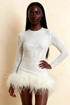 Barbara White Sequin Feather Trim Mini Dress with Long Sleeves