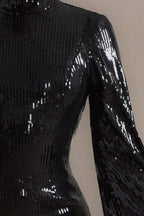 Beatrice Black Sequin Bodycon High Neck Feather Mini Dress with Sleeves