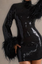 Beatrice Black Sequin Bodycon High Neck Feather Mini Dress with Sleeves