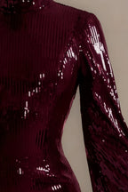 Beatrice Burgundy Sequin Bodycon High Neck Feather Mini Dress with Sleeves