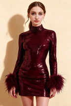 Beatrice Burgundy Sequin Bodycon High Neck Feather Mini Dress with Sleeves