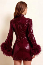 Beatrice Burgundy Sequin Bodycon High Neck Feather Mini Dress with Sleeves