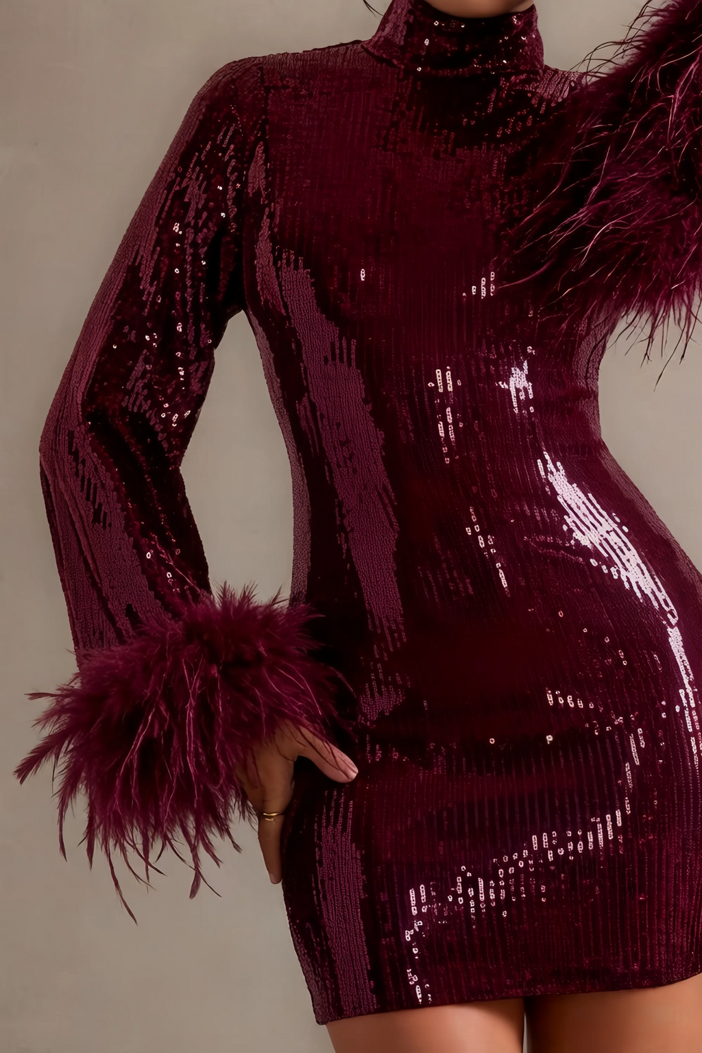 Beatrice Burgundy Sequin Bodycon High Neck Feather Mini Dress with Sleeves