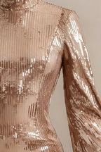 Beatrice Champagne Sequin Bodycon High Neck Feather Mini Dress with Sleeves