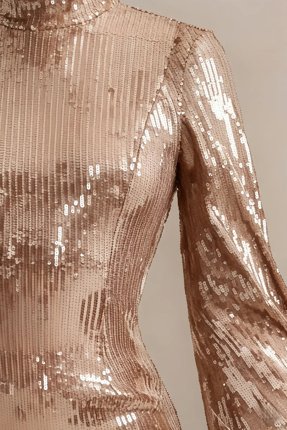 Beatrice Champagne Sequin Bodycon High Neck Feather Mini Dress with Sleeves