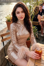 Beatrice Champagne Sequin Bodycon High Neck Feather Mini Dress with Sleeves