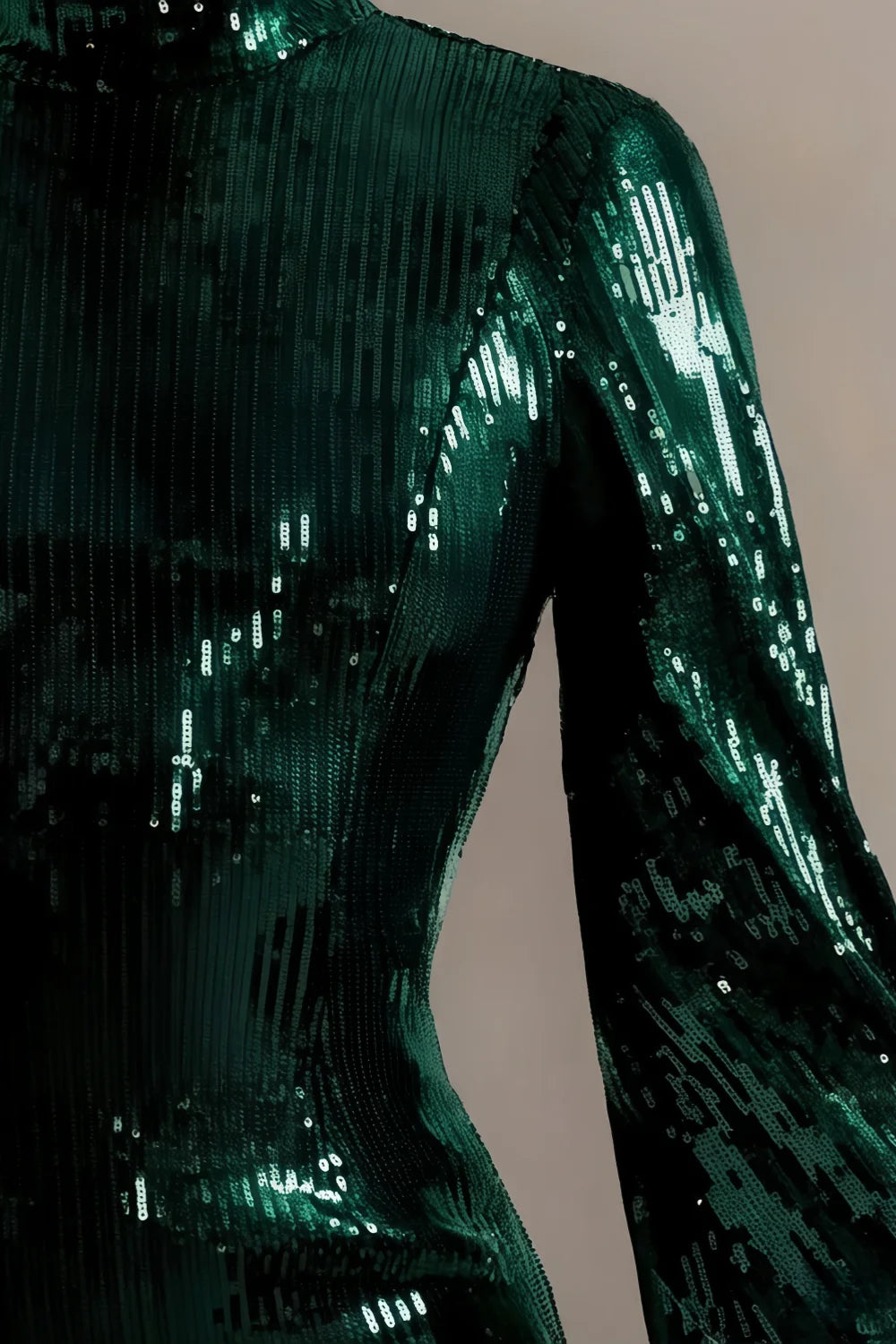 Beatrice Dark Green Sequin Bodycon High Neck Feather Mini Dress with Sleeves
