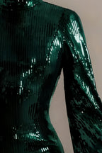 Beatrice Dark Green Sequin Bodycon High Neck Feather Mini Dress with Sleeves