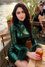 Beatrice Dark Green Sequin Bodycon High Neck Feather Mini Dress with Sleeves
