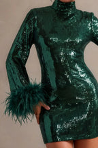 Beatrice Dark Green Sequin Bodycon High Neck Feather Mini Dress with Sleeves