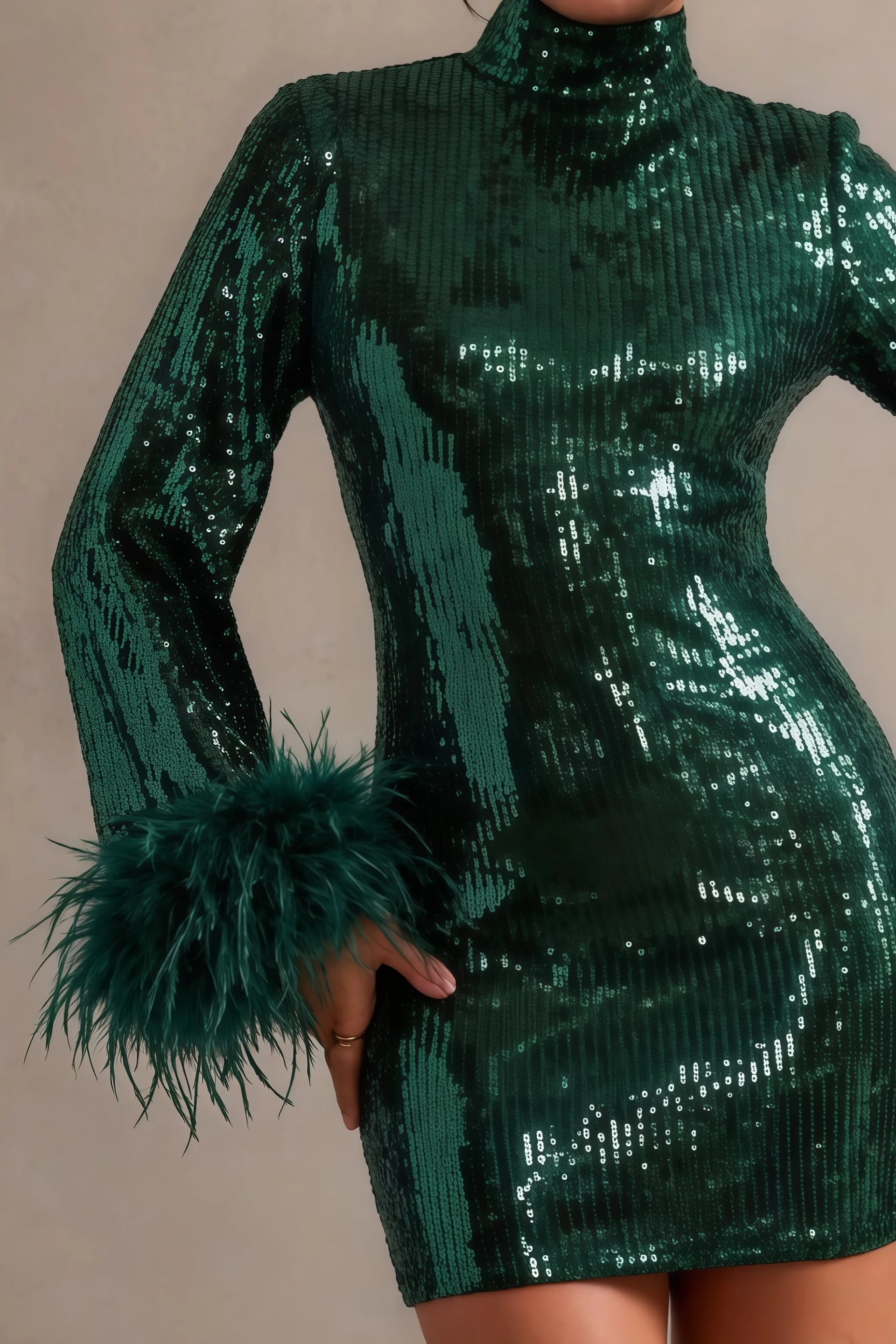 Beatrice Dark Green Sequin Bodycon High Neck Feather Mini Dress with Sleeves