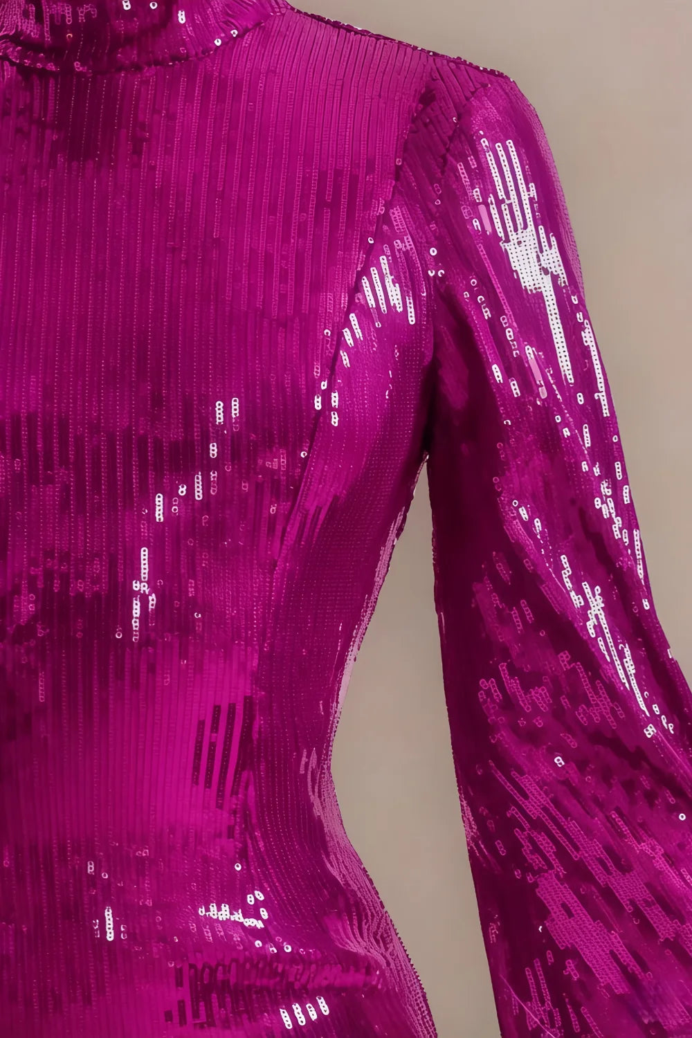 Beatrice Fuchsia Sequin Bodycon High Neck Feather Mini Dress with Sleeves