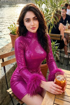 Beatrice Fuchsia Sequin Bodycon High Neck Feather Mini Dress with Sleeves