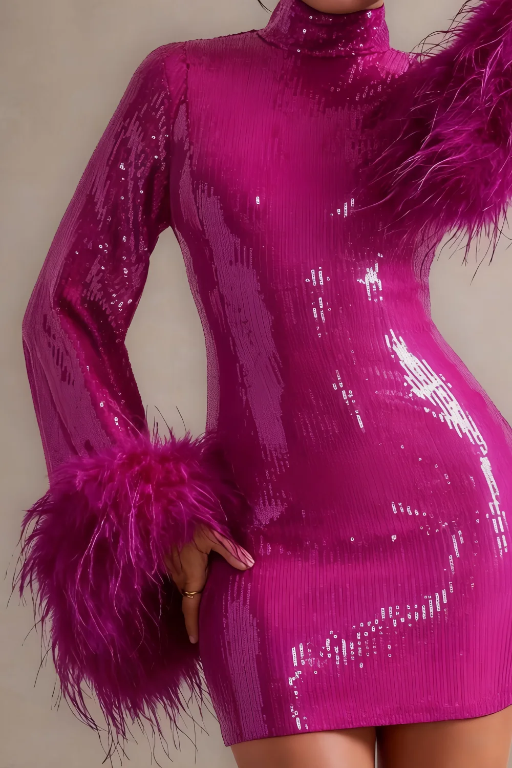 Beatrice Fuchsia Sequin Bodycon High Neck Feather Mini Dress with Sleeves