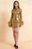 Beatrice Gold Sequin Bodycon High Neck Feather Mini Dress with Sleeves