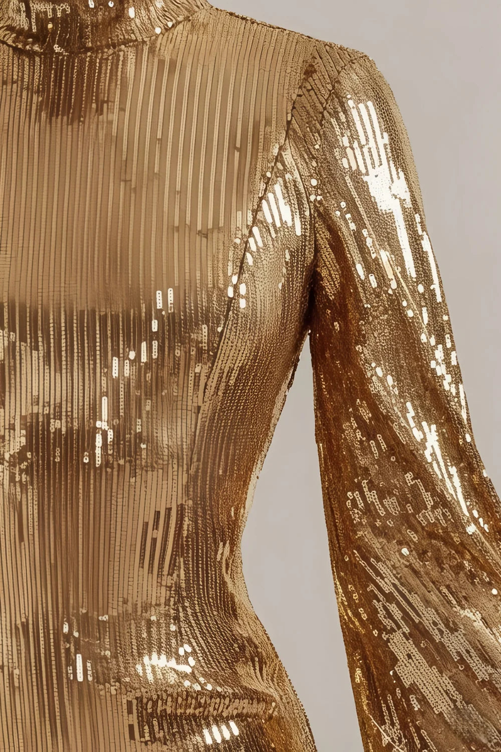 Beatrice Gold Sequin Bodycon High Neck Feather Mini Dress with Sleeves