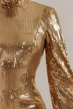 Beatrice Gold Sequin Bodycon High Neck Feather Mini Dress with Sleeves