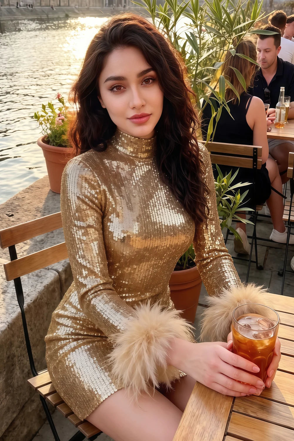 Beatrice Gold Sequin Bodycon High Neck Feather Mini Dress with Sleeves