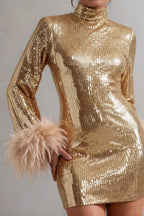 Beatrice Gold Sequin Bodycon High Neck Feather Mini Dress with Sleeves