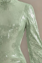 Beatrice Mint Sequin Bodycon High Neck Feather Mini Dress with Sleeves