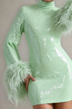 Beatrice Mint Sequin Bodycon High Neck Feather Mini Dress with Sleeves