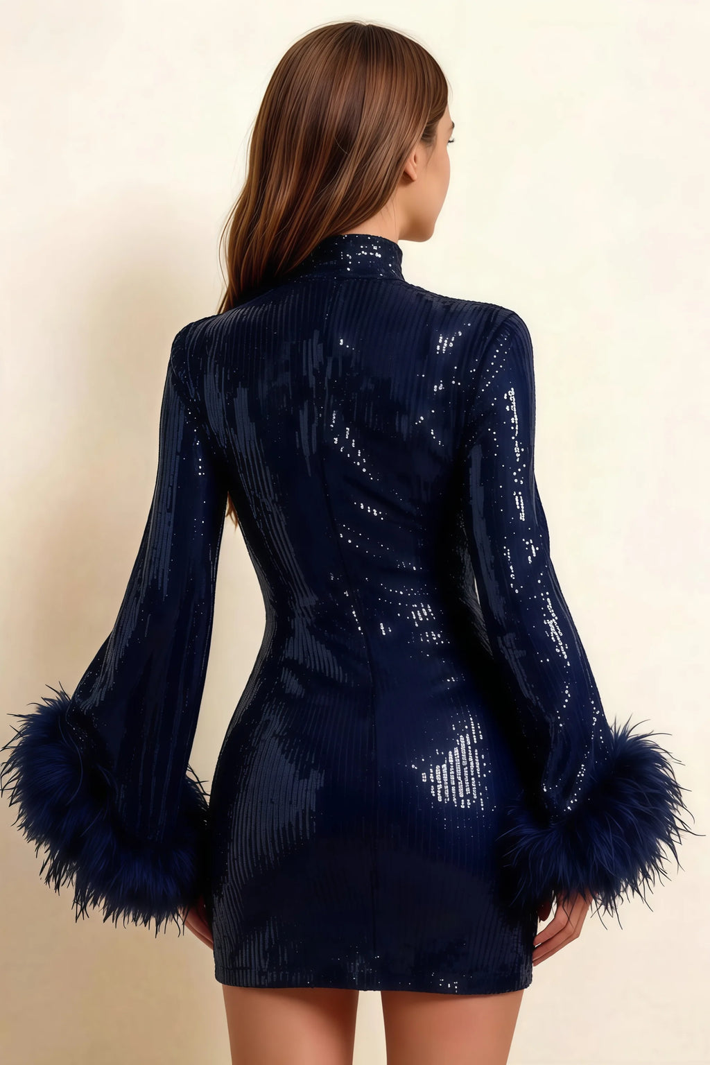 Beatrice Navy Sequin Bodycon High Neck Feather Mini Dress with Sleeves