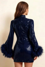 Beatrice Navy Sequin Bodycon High Neck Feather Mini Dress with Sleeves