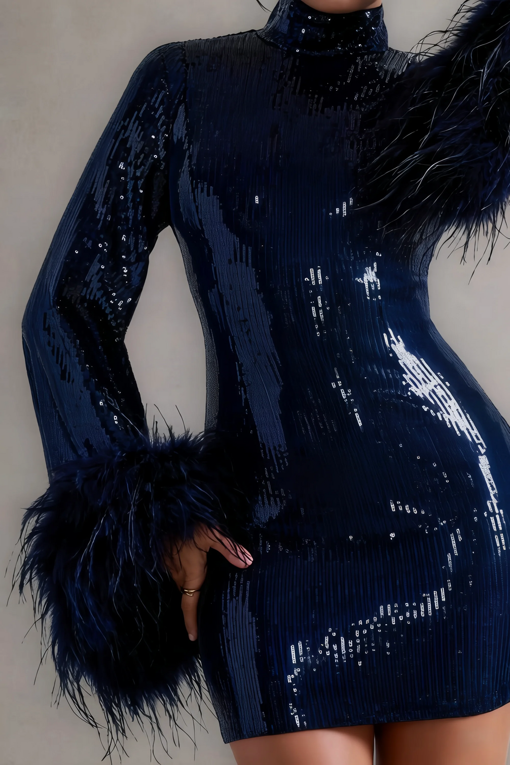Beatrice Navy Sequin Bodycon High Neck Feather Mini Dress with Sleeves