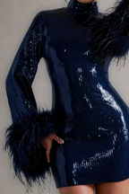 Beatrice Navy Sequin Bodycon High Neck Feather Mini Dress with Sleeves