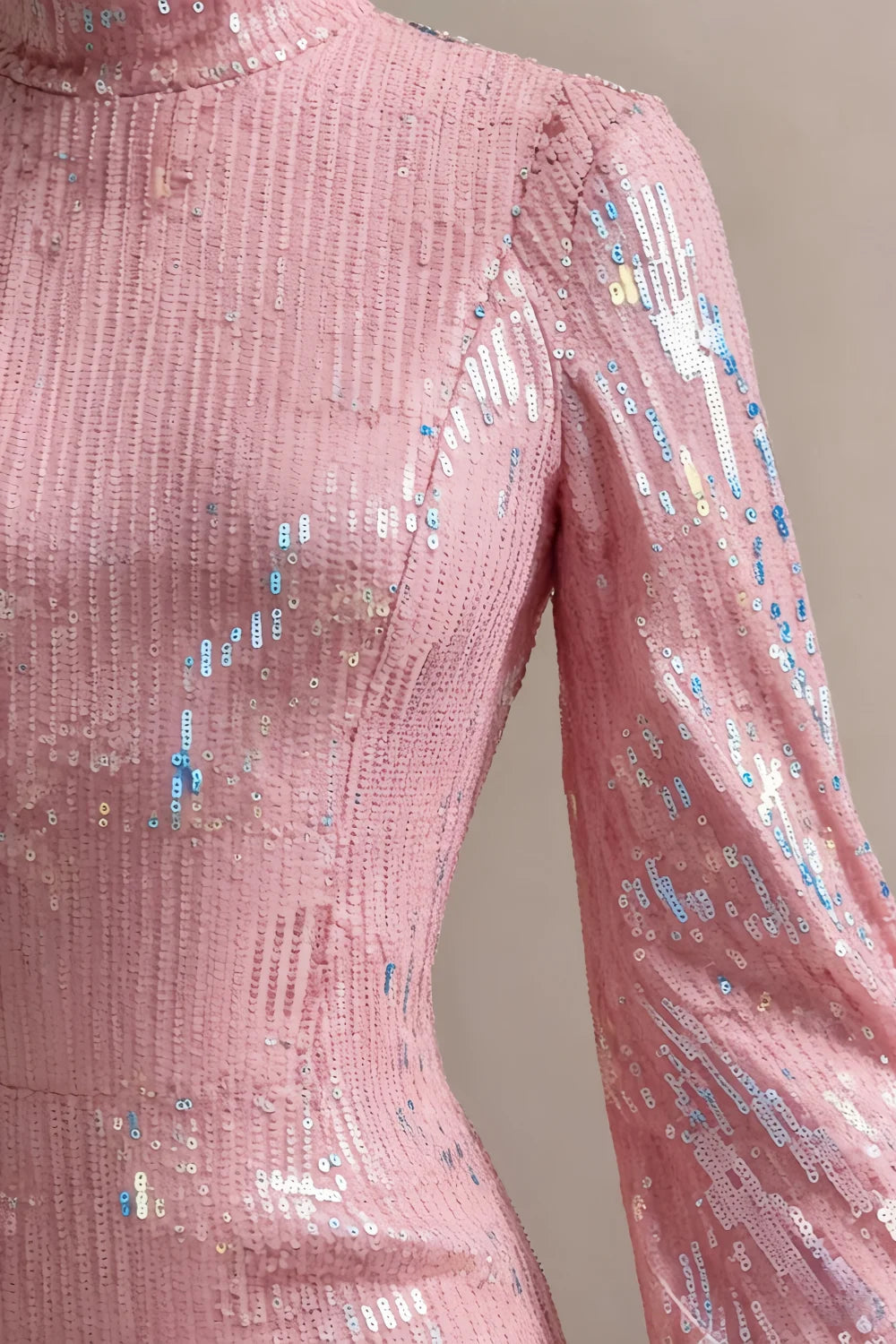 Beatrice Pink Sequin Bodycon High Neck Feather Mini Dress with Sleeves