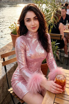 Beatrice Pink Sequin Bodycon High Neck Feather Mini Dress with Sleeves