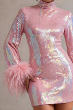 Beatrice Pink Sequin Bodycon High Neck Feather Mini Dress with Sleeves