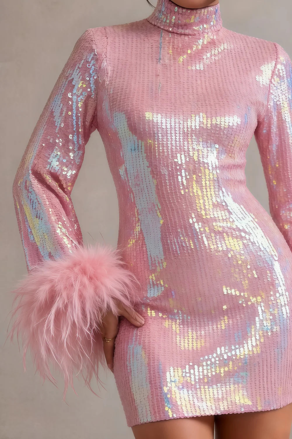 Beatrice Pink Sequin Bodycon High Neck Feather Mini Dress with Sleeves