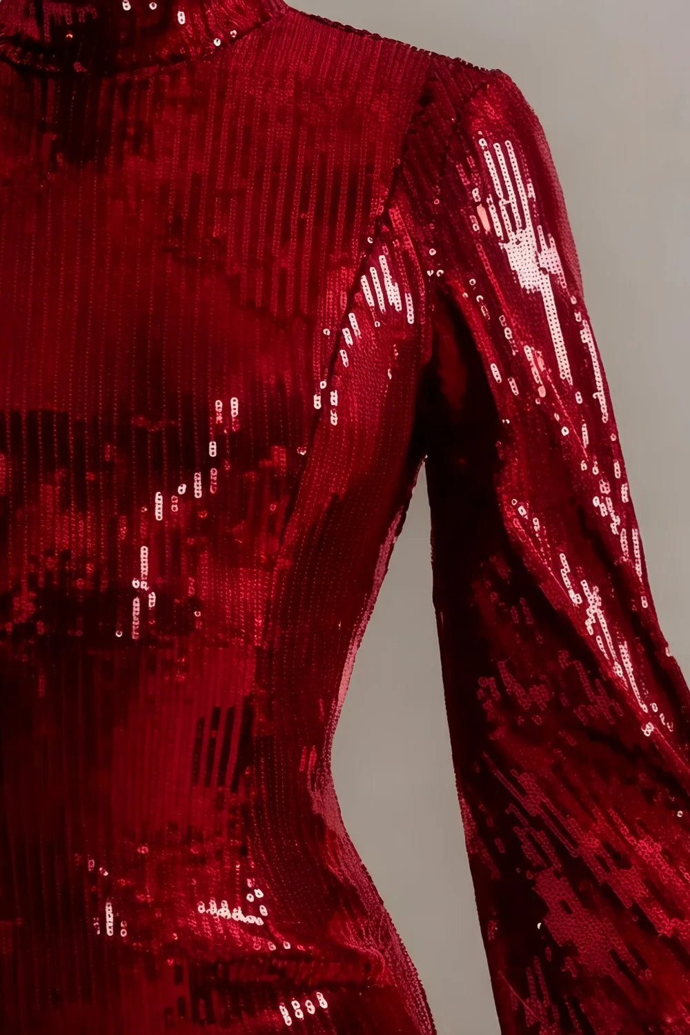 Beatrice Red Sequin Bodycon High Neck Feather Mini Dress with Sleeves