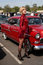 Beatrice Red Sequin Bodycon High Neck Feather Mini Dress with Sleeves